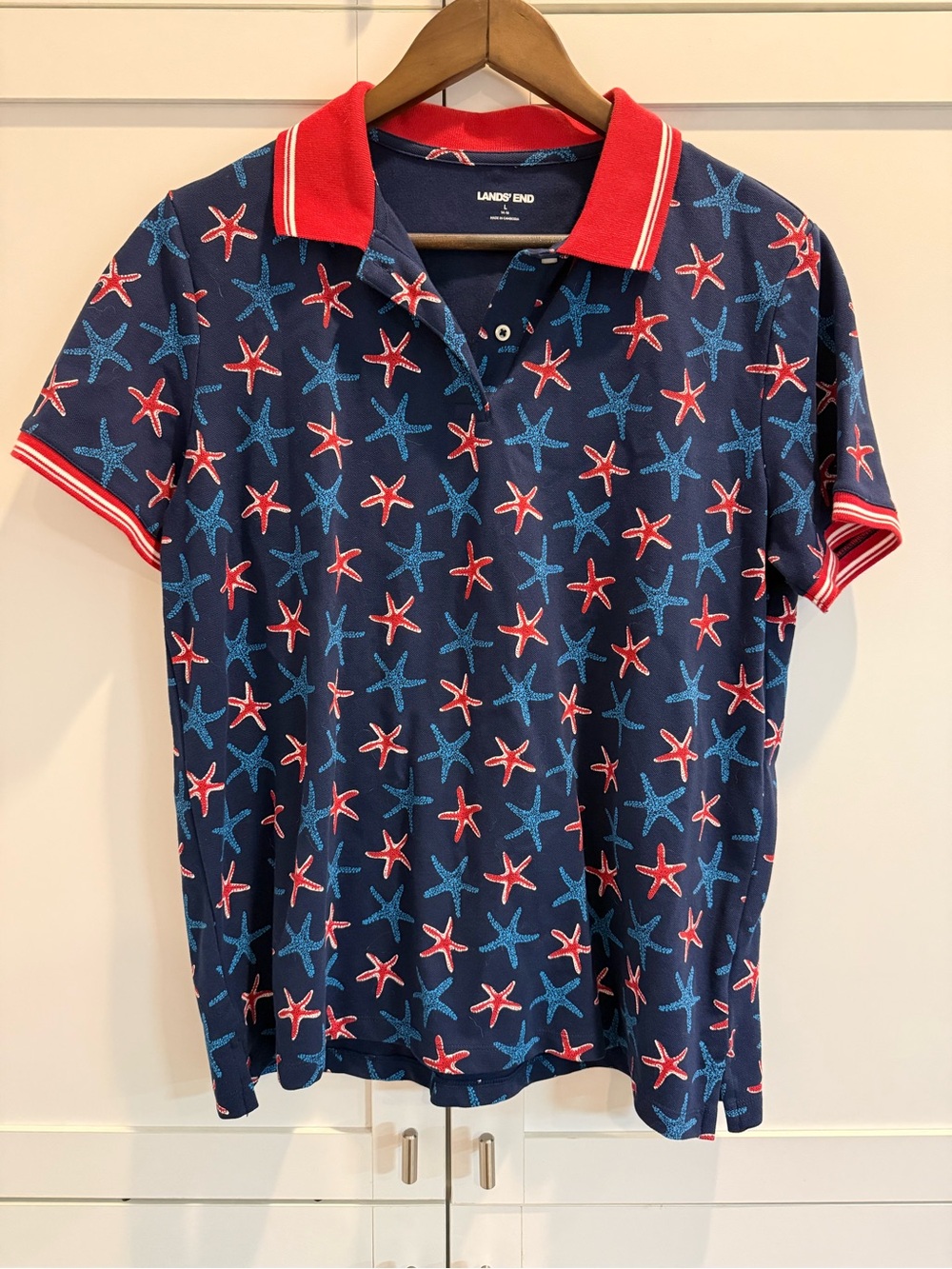 Lands’ End Women’s L 14-16 Starfish Polo Navy Red Nautical Coastal